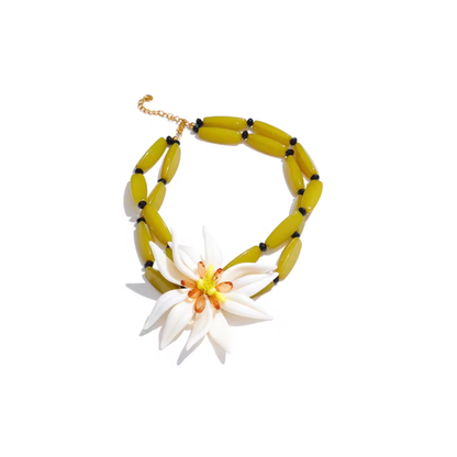 Collier Ras-de-Cou Fleur FLORÉLIA Fait Main – Perles Vert Olive, Acier Inoxydable Plaqué Or 18K PVD, Waterproof, Hypoallergénique