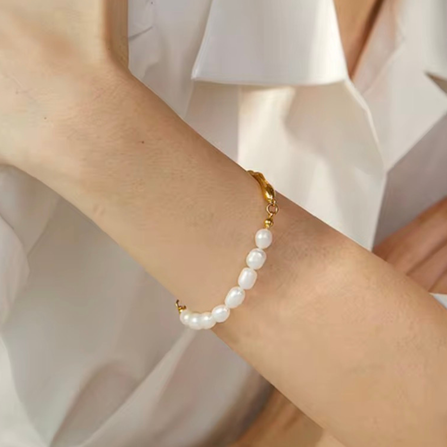 bracelet perles naturelles acier inoxydable doré femme