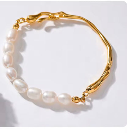 bracelet perles naturelles acier inoxydable doré femme